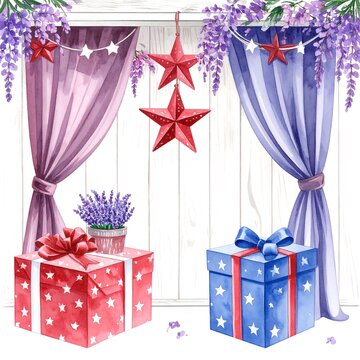 Watercolor patriotic composition with gift boxes and lavender.