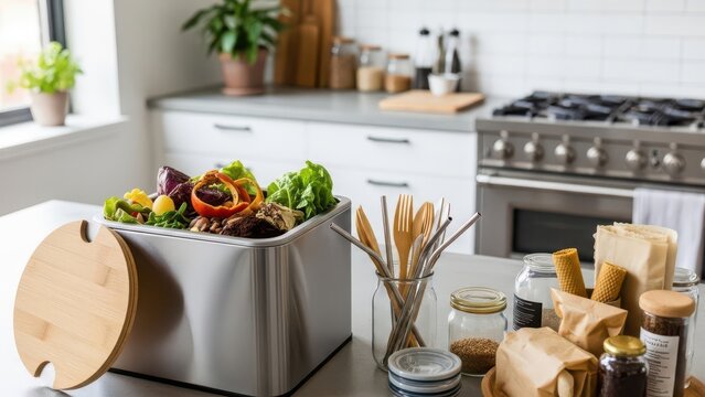Sustainable kitchen compost bin with organic food waste, eco-friendly composting container on modern white countertop