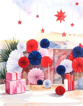 Watercolor patriotic festive decoration background with paper fans and gift boxes.