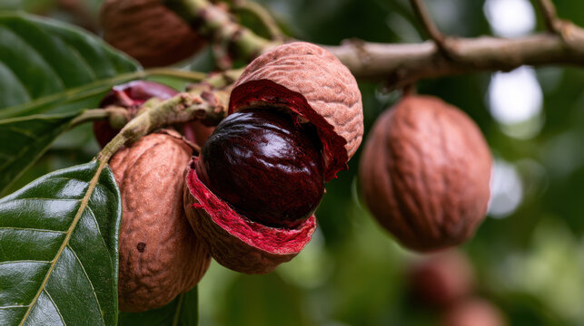 Close-up of mature nutmeg fruit split open on a branch exposing a glossy dark nutmeg seed and bright red mace