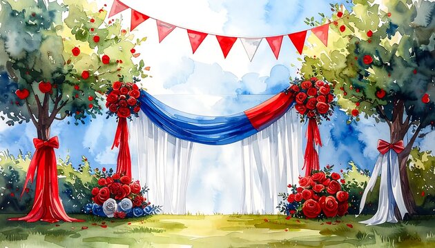 Watercolor patriotic wedding arch with red white and blue floral decoration.