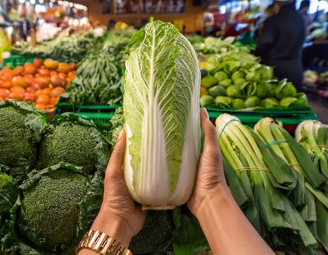 a hand holding a fresh head of napa cabbage in a vibrant market stall filled with various leafy greens and vegetables