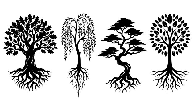 Black Tree Silhouette Icon Set with Deep Roots and Branches Featuring Oak, Weeping Willow, Bonsai, and Rounded Foliage for Family Crest Logo Designs