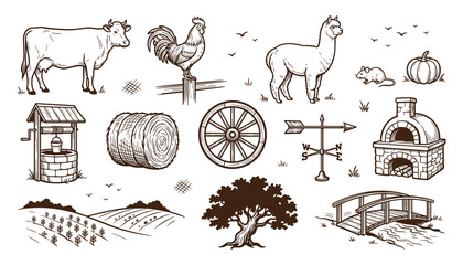 Naklejka premium Vintage Farm Life and Countryside Vector Icon Set with Barnyard Animals, Rural Landscape Elements, and Agricultural Tools for Graphic Design Projects