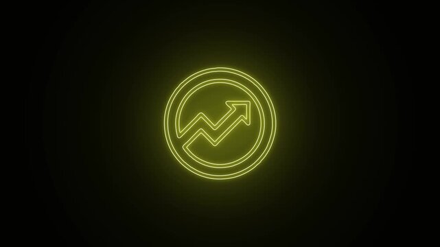 Neon glowing yellow chart arrow icon pulsating light effect in circular frame against dark black background video footage.