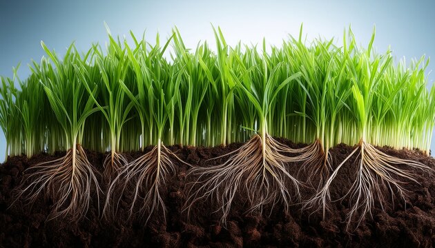 grass blades above soil with intricate root system visible beneath highlighting underground growth and natural connection between earth and plants
