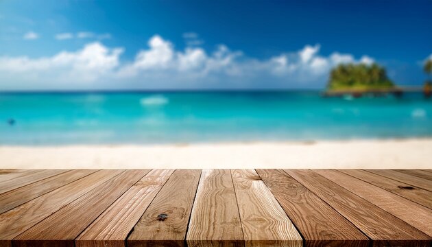 empty wooden table to display products front of blurred beach background beautiful design packshot showcase