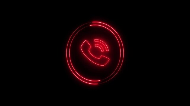 Red neon phone icon glows and pulses in darkness a modern communication symbol for alerts and calls.