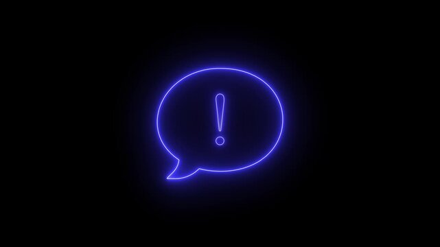 Neon blue speech bubble icon with glowing exclamation mark glowing against solid black background digital motion graphic.