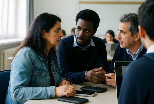 Diverse team collaboration and business meeting, multi-ethnic group discussing strategy and ideas in a modern office or classroom setting