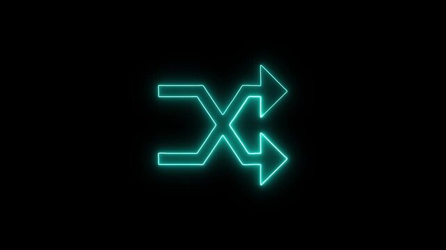 Cyan neon shuffle icon glowing on black background for music player interface or random playback media motion graphic.