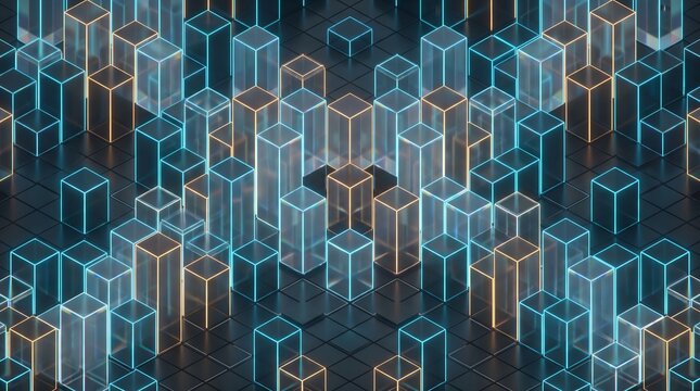 Isometric 3D Financial Data Grid and Glowing Holographic Candlestick Pillars with Neon Laser Matrix on Dark Technology Background for Fintech Software Analytics