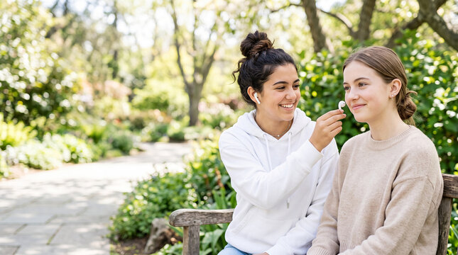 Young woman sharing earbud with sad friend during supportive outdoor friendship moment