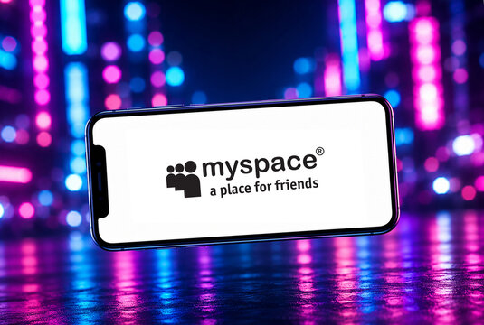 In this photo illustration, a smartphone displaying the Myspace App logo is photographed against a vibrant neon-lit background, in India on 18 August 2026.