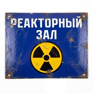 Vintage, rusty blue enamel sign with Russian text '&ETH;&nbsp;&ETH;&bull;&ETH;&ETH;&scaron;&ETH;&cent;&ETH;ž&ETH;&nbsp;&ETH;&ETH;&laquo;&ETH;&trade; &ETH;&mdash;&ETH;&ETH;&rsaquo;' (Reactor Hall) and a prominent radiation symbol, isolated on white background.