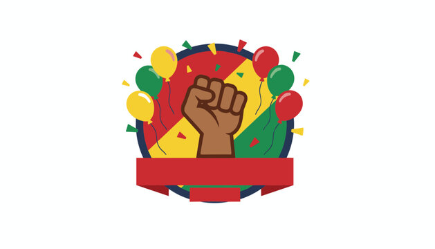Raised dark skin fist with colorful balloons and confetti on a round striped background, celebrating Black History Month.