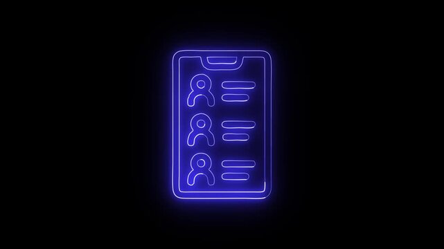 Neon blue digital interface showing contact list on mobile phone glowing light graphic animation on solid black background.