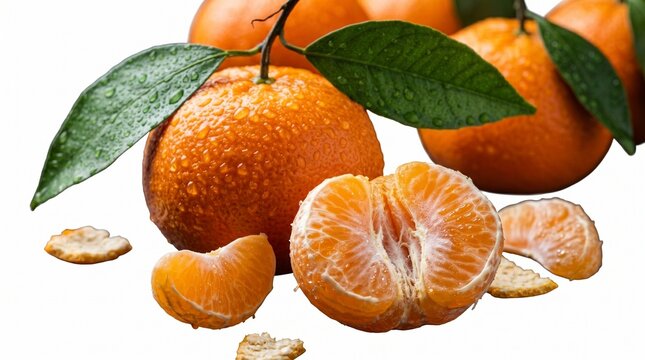 Ripe juicy orange mandarins with water droplets on green leaves and peeled fruit segments on a white backdrop.
