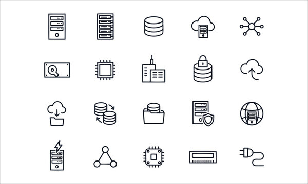 Set of 20 outline icons related servers, data base. Linear icon collection. Editable stroke. Vector illustration
