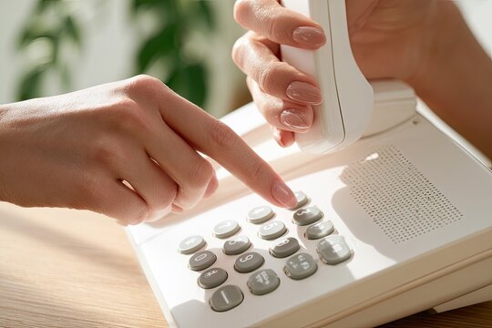Hands operating a retro desk phone, dialing a number on the keypad