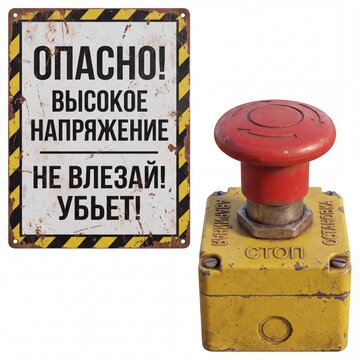 A grimy, rusty high voltage danger sign with Russian text "&ETH;ž&ETH;&Yuml;&ETH;&ETH;&iexcl;&ETH;&ETH;ž! &ETH;&rsquo;&ETH;&laquo;&ETH;&iexcl;&ETH;ž&ETH;&scaron;&ETH;ž&ETH;&bull; &ETH;&ETH;&ETH;&Yuml;&ETH;&nbsp;&ETH;&macr;&ETH;&ndash;&ETH;&bull;&ETH;&ETH;&tilde;&ETH;&bull;" and a worn emergency stop button. Industrial safety concept isolated on white.