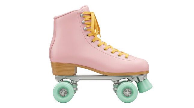 A pink roller skate with mint green wheels and yellow laces isolated on transparent background