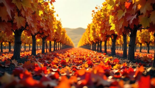 Autumn leaves blanket a sun-drenched vineyard floor, creating a vibrant carpet of reds, oranges, and yellows amongst the vines A picturesque scene of fall harvest , warm tones, scenic, beautiful