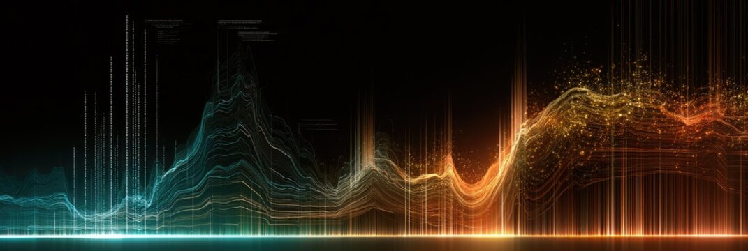 Glowing abstract data visualization with teal to orange gradient curves