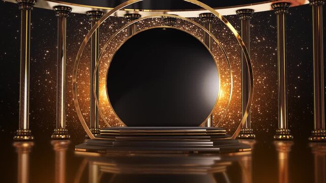 Elegant circular showcase stage combines gold arches, classical pillars and sparkling black ambience for premium products, award ceremonies, branding, retail campaigns and luxury presentations.
