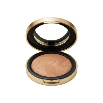 Luxury gold compact with bronzer powder, elegant makeup case for beauty branding, shimmering face powder cosmetic product isolated PNG with Transparent Background
