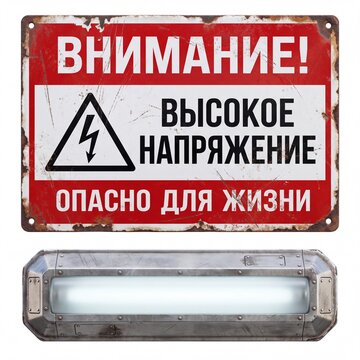 Isolated grunge illustration of a weathered Russian high voltage danger sign with lightning symbol and text. Paired with a futuristic metallic glowing light fixture. Generative AI.