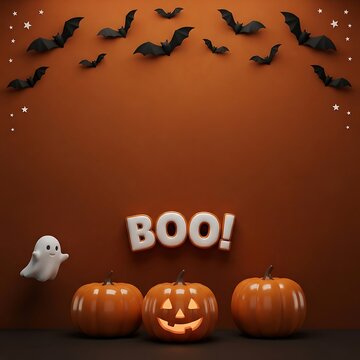 Halloween background with carved pumpkins a cute ghost and flying bats on a dark orange wall