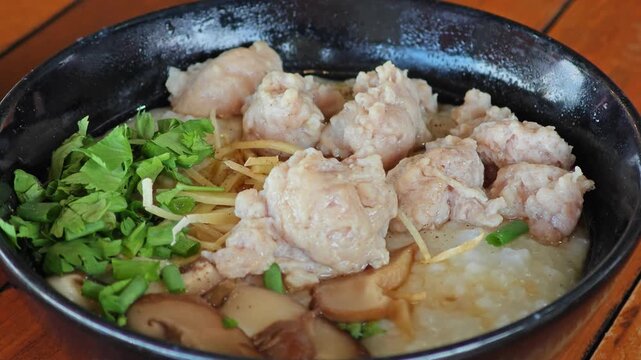 Congee or rice porridge with pork.
