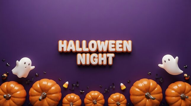 Halloween night text with cute ghosts and orange pumpkins on a dark purple background