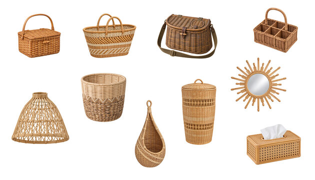 Isolated basketry and woven home decor elements featuring picnic baskets, storage baskets, hamper, lampshade, wall basket, mirror, tissue box, and planter basket.