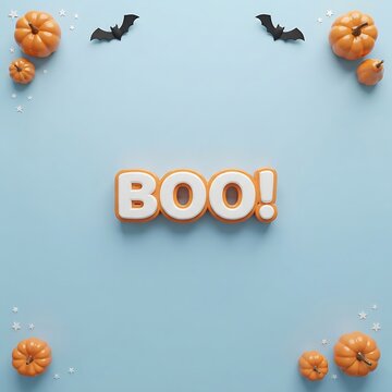 Halloween background with the word boo written in cookies surrounded by small pumpkins and paper bats