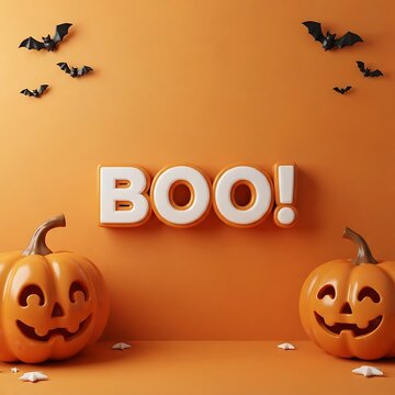 Halloween background with two smiling jack o lanterns and flying bats on an orange backdrop