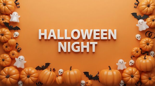Halloween night background with pumpkins ghosts and bats on an orange surface with copy space