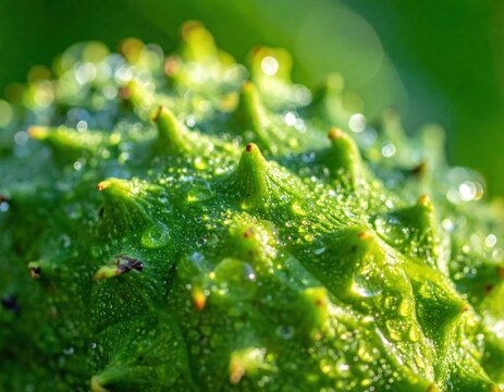 Macro view of green soursop skin with water droplets.