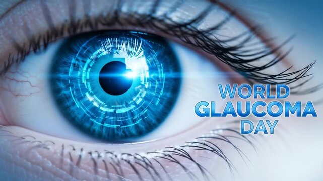 Blue Futuristic Human Eye with Digital Overlay for World Glaucoma Day Awareness Campaign, Ophthalmology Research, Vision Preservation Initiative, and Eye Disease Prevention Video