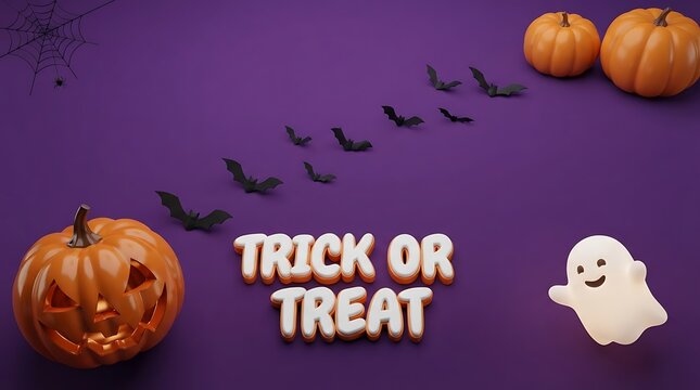 A festive halloween background featuring a carved pumpkin a cute ghost and bats on purple