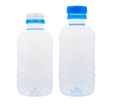 Two empty plastic water bottles with blue caps isolated on transparent background
