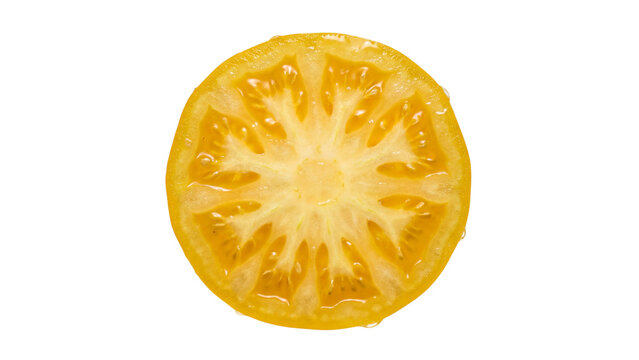 yellow tomato slice isolated PNG, round cut vegetable on transparent background