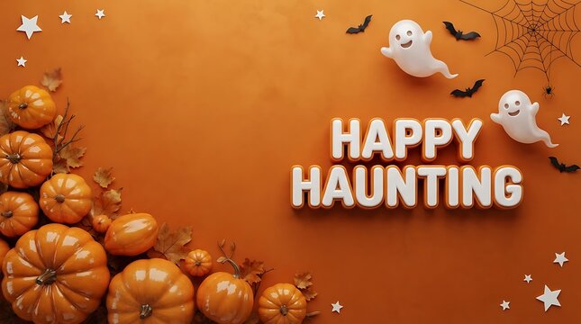 Happy haunting text with cute ghosts and pumpkins on an orange background for halloween celebration