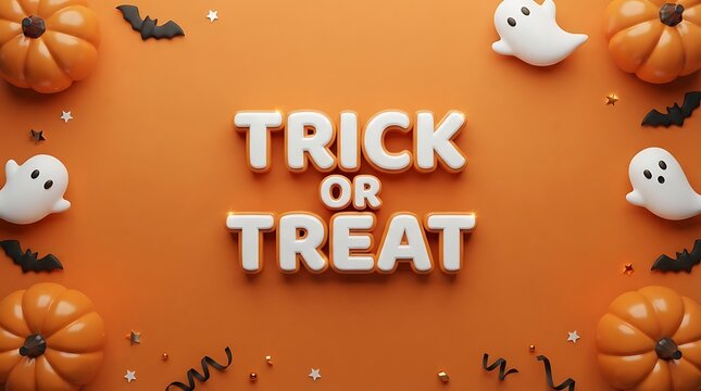 Trick or treat text surrounded by pumpkins ghosts and bats on an orange halloween background