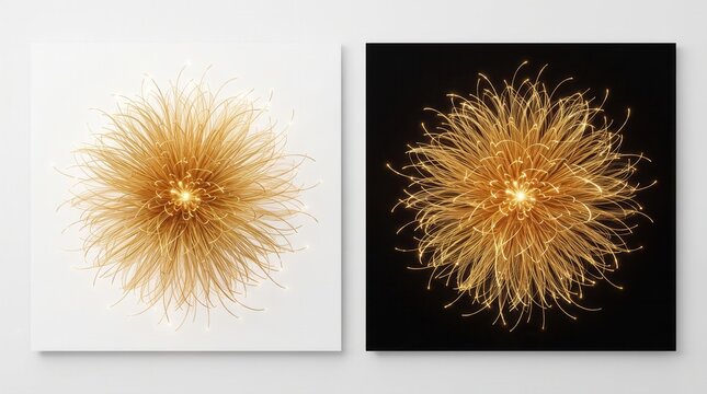 Golden sparkle fireworks burst set isolated on white and black backgrounds