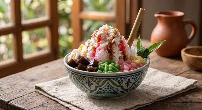 Traditional Indonesian Es Campur Dessert Bowl with Grass Jelly, Tapioca Pearls, and Shaved Ice