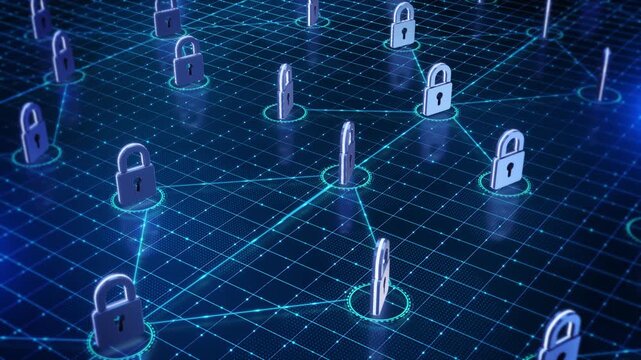 Multiple padlocks connect across a blue network grid, representing zero trust security, secure access, privacy, authentication, threat prevention and protection of cloud and enterprise data.