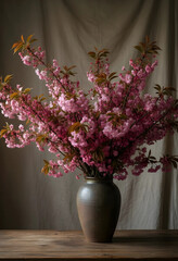 Fototapeta premium Spring blossom and floral arrangement, pink cherry tree flowers in a rustic vase on a wooden table, natural light still life