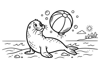 Cute Seal Playing with Beach Ball Vector Outline Illustration, Sea Animal